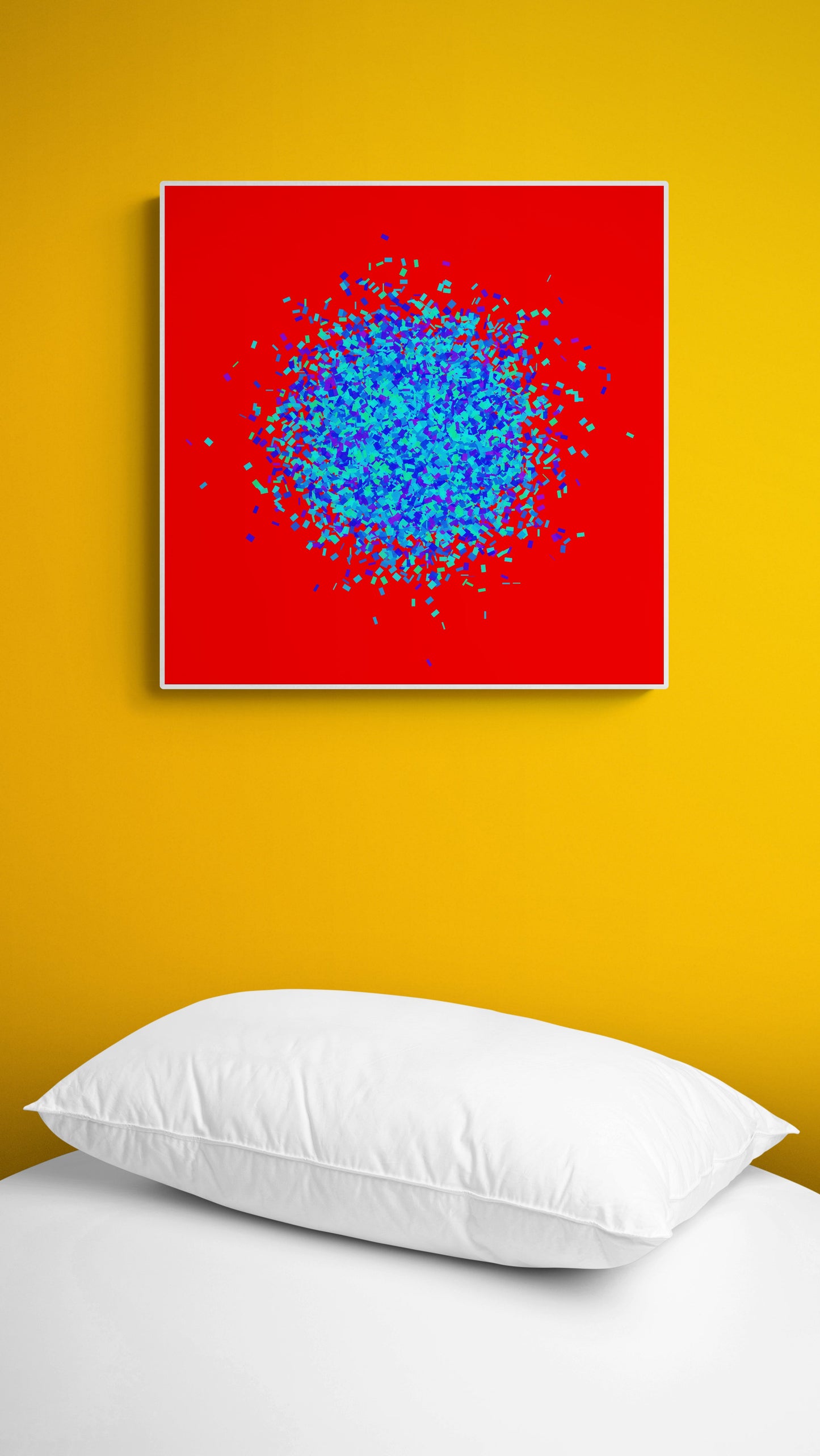 Blue, green, purple confetti like patterned abstract print on a red background on a yellow wall above a bed.