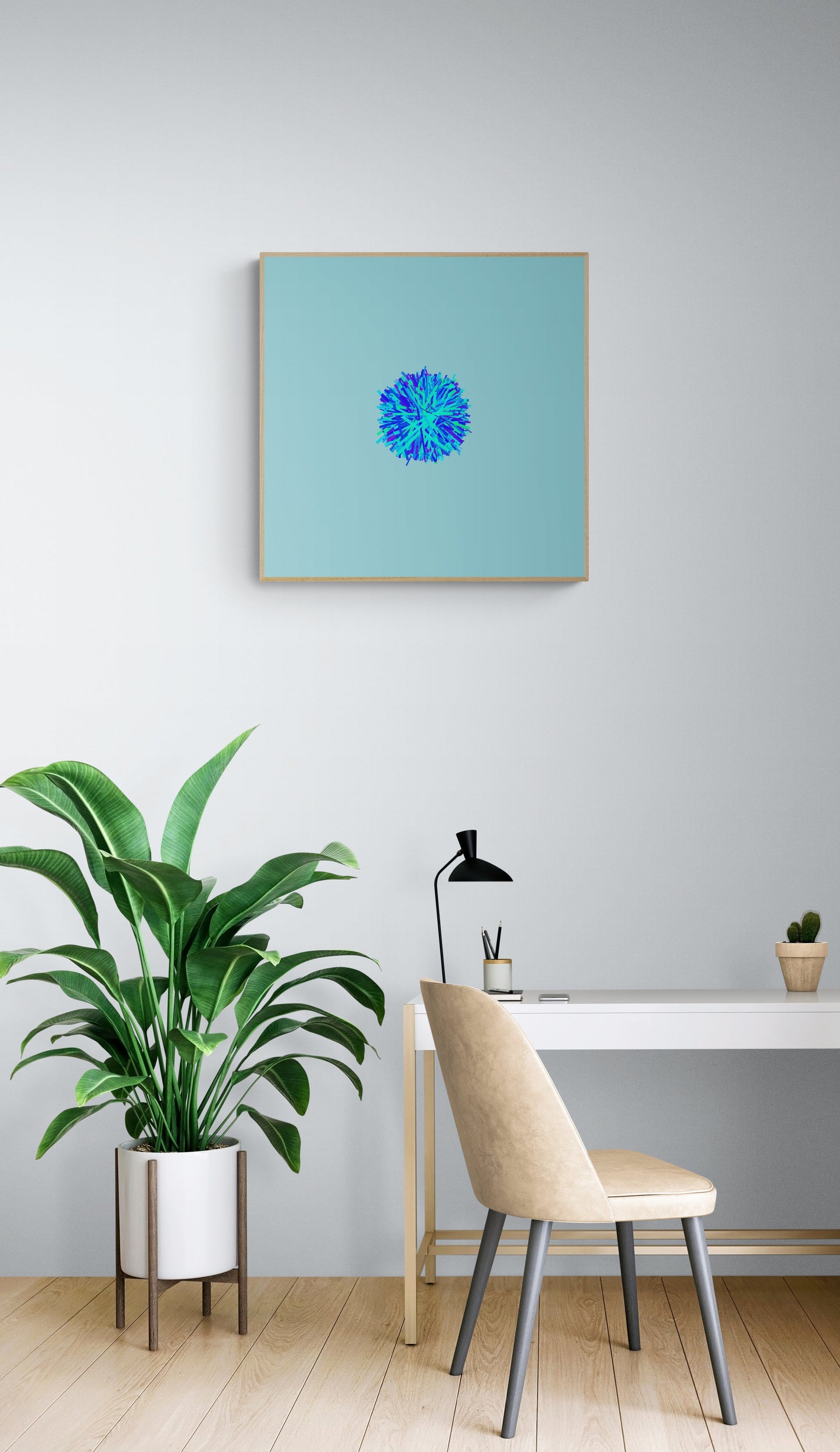 Modern interior with a plant, chair, and an abstract art print of blue, green and purple lines in a circular pattern on a light blue backgroundon a light gray wall.