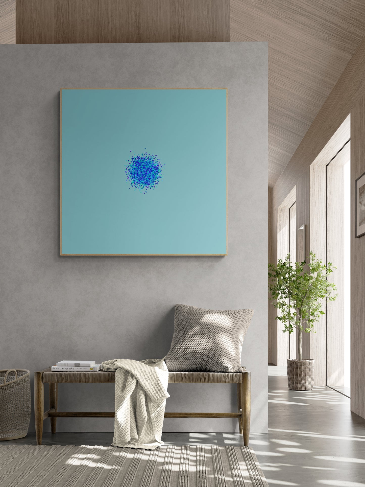 Modern interior with an abstract art print of blue, green and purple confetti like circular pattern on a light blue background on a gray wall, a bench with a blanket, and a plant.