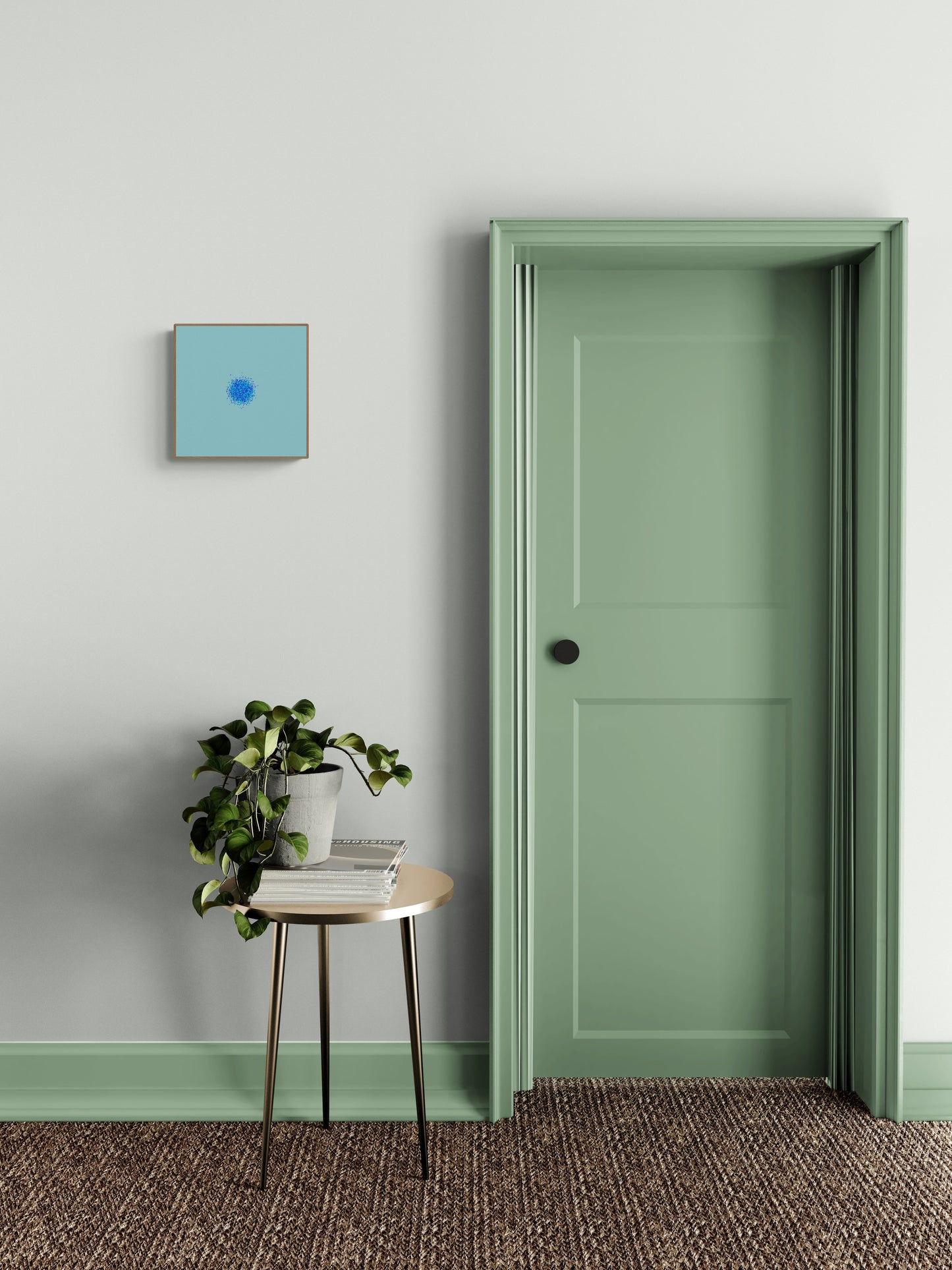Green door in a room with a small table, plant and abstract art print of blue, green and purple confetti like circular pattern on a light blue background on wall