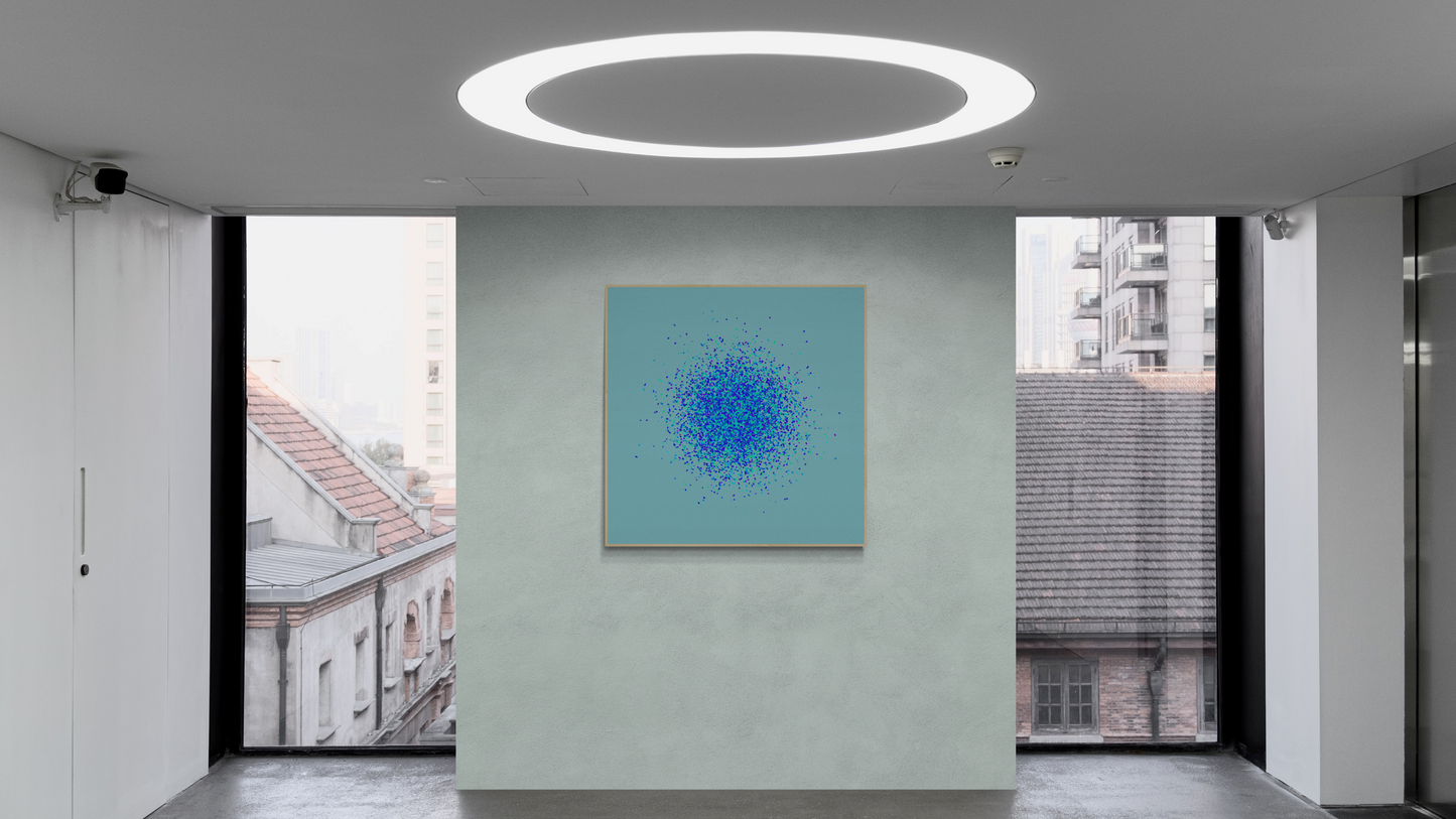 Modern interior with an abstract art print of blue, green and purple confetti like circular pattern on a light blue background on a gray wall.