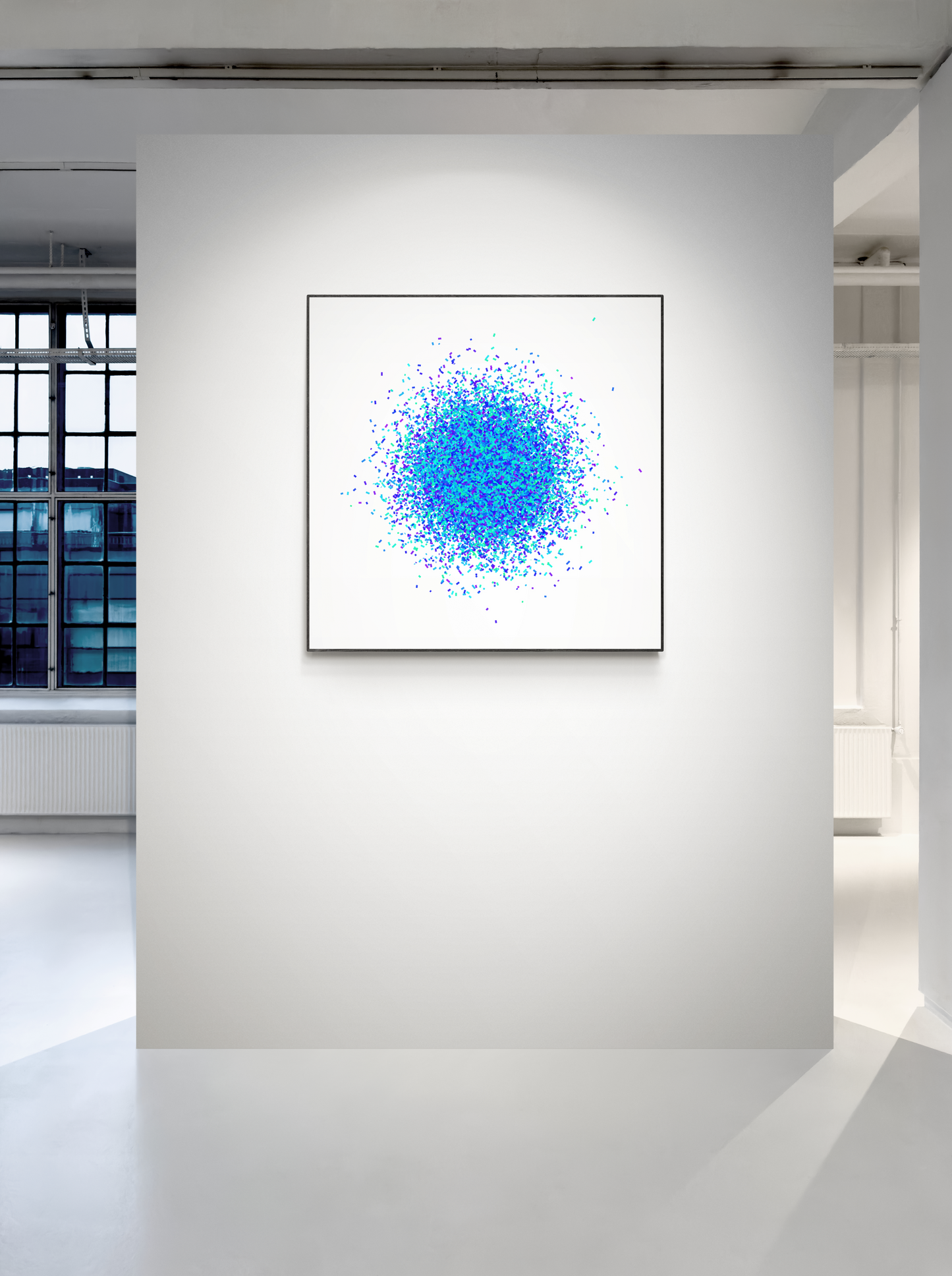 Colourful blue, green speckled pattern abstract art print on a white background in a modern indoor setting