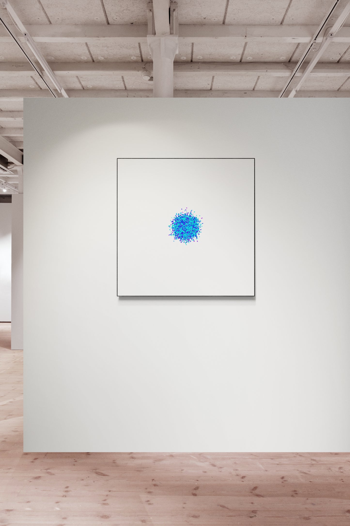 Blue and green colour particle like circle abstract art print on a white background on a white wall in an art gallery.