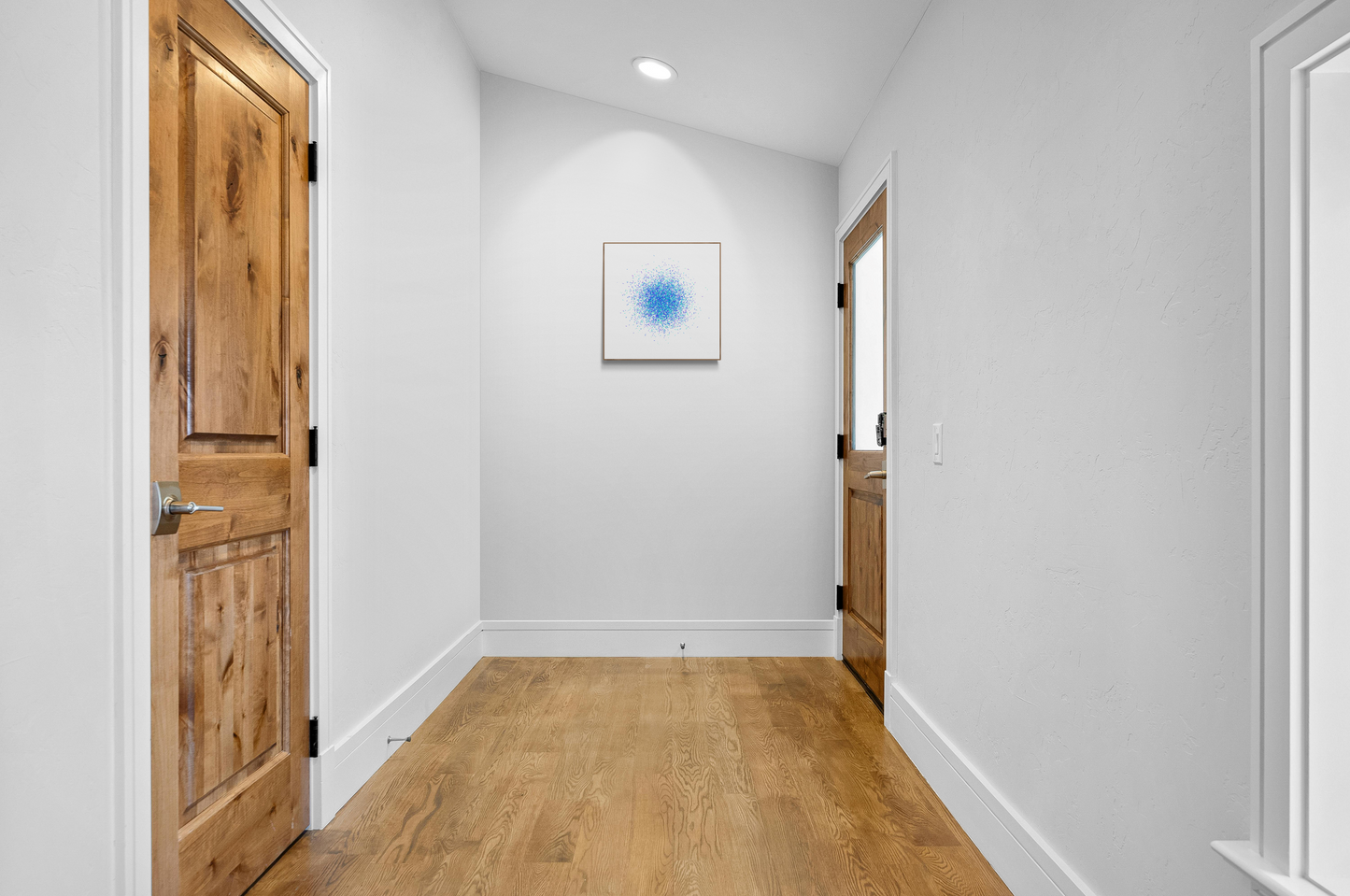 Foyer with wooden doors and a white wall featuring a blue and green confetti like patterned abstract print on a white background