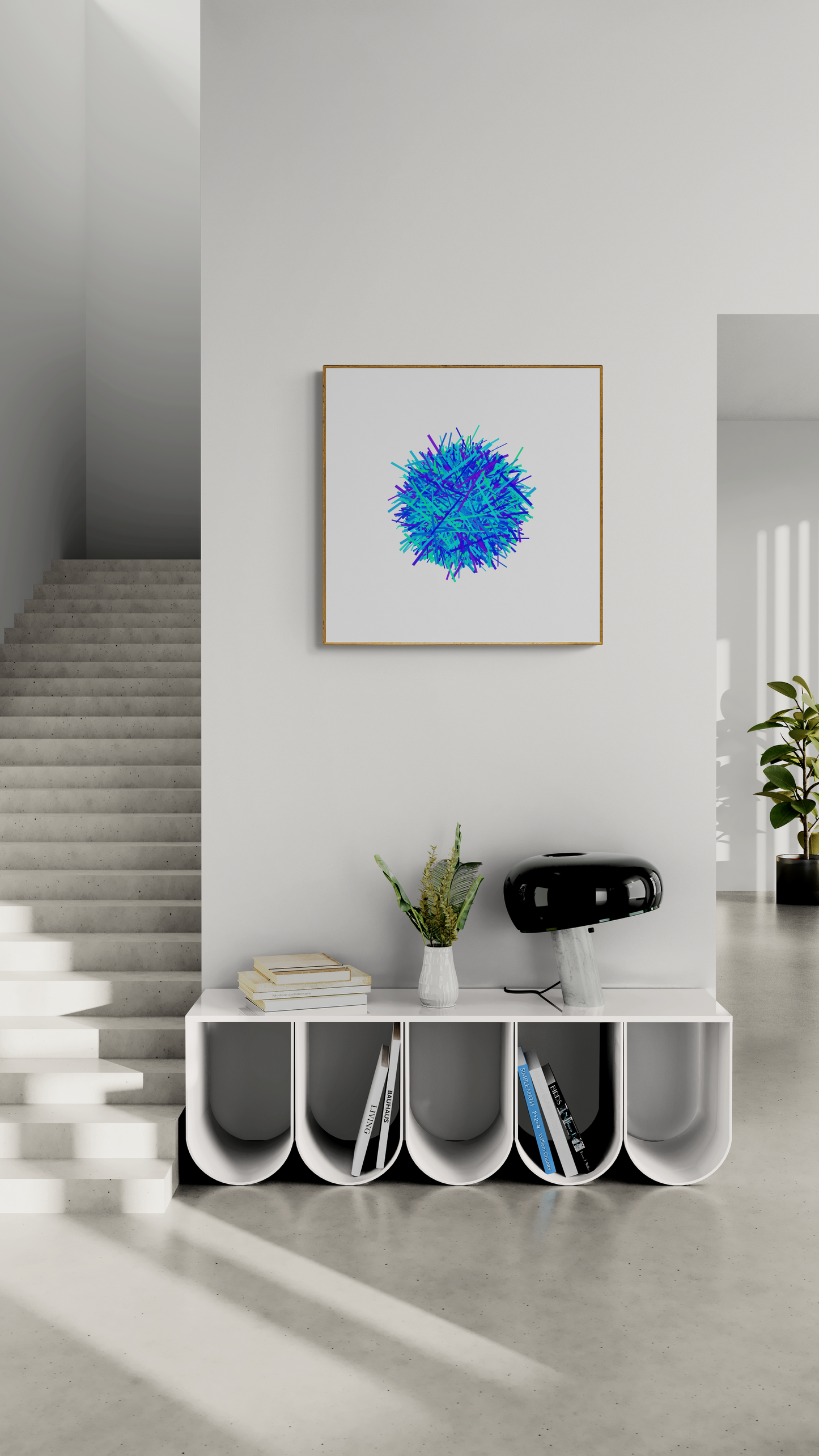 Modern interior with a white console table, decorative items, and a colorful abstract art print of a sphere made of blue, green intersecting lines on a white background on a white wall.