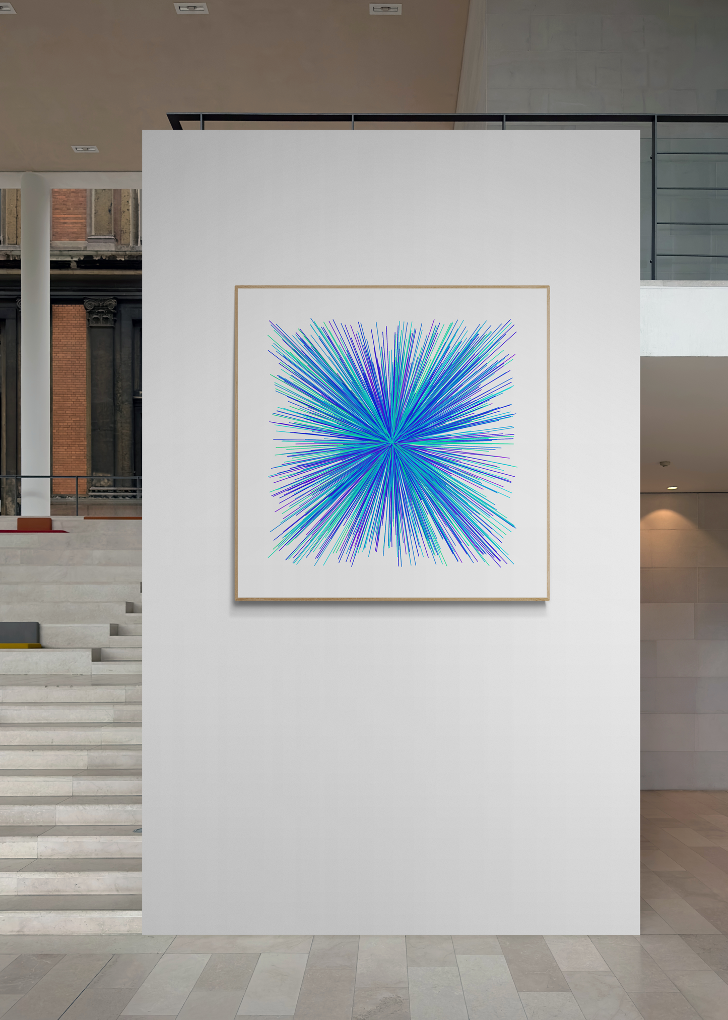 Radiating lines in blue, green and purple abstract art print on a white background on a white wall in a gallery