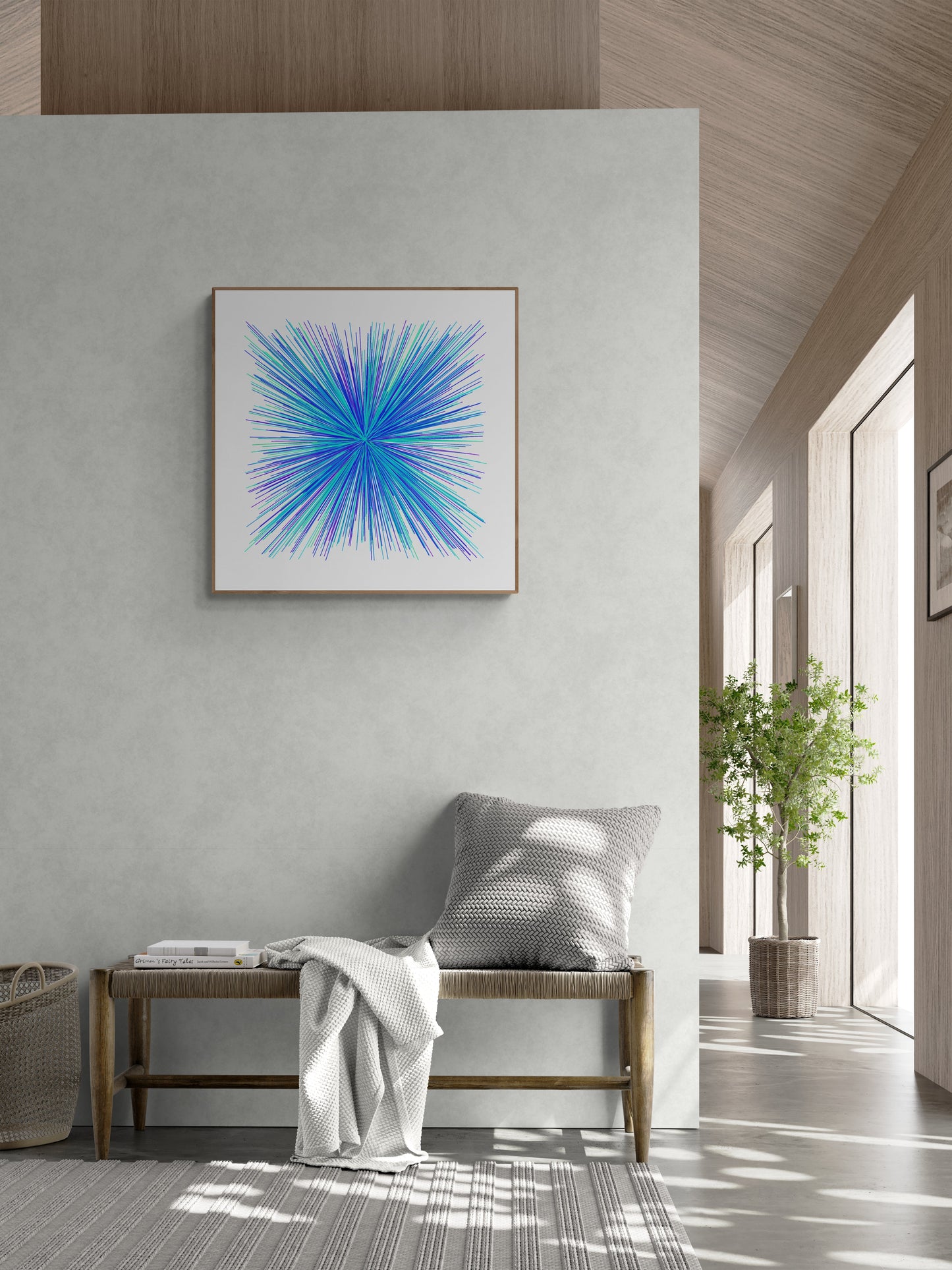 Modern interior with a bench, plant, and radiating lines in blue, green and purple abstract art print on a white background on a wall.