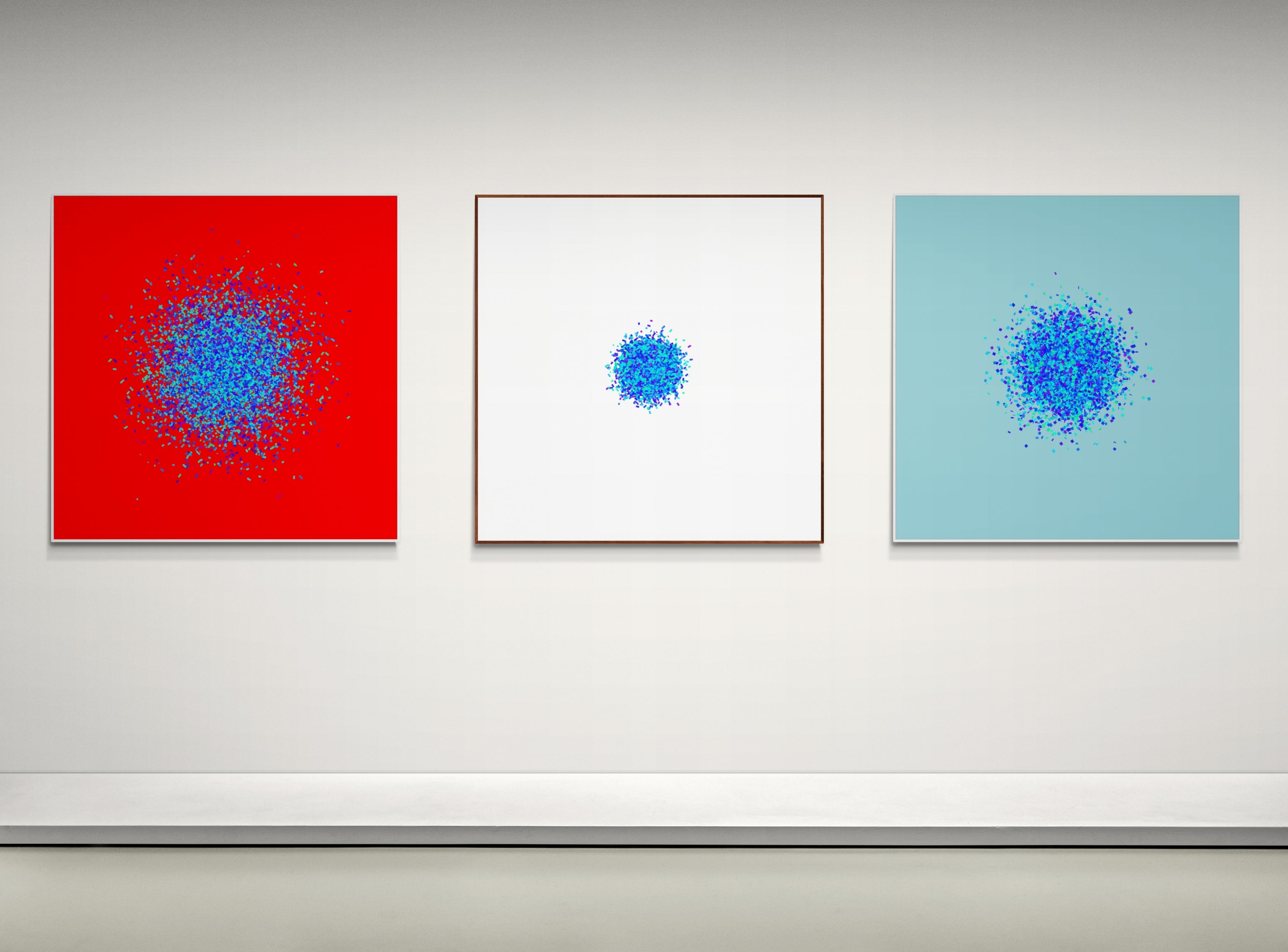 Three abstract art prints with blue circular patterns on red, white, and light blue backgrounds.