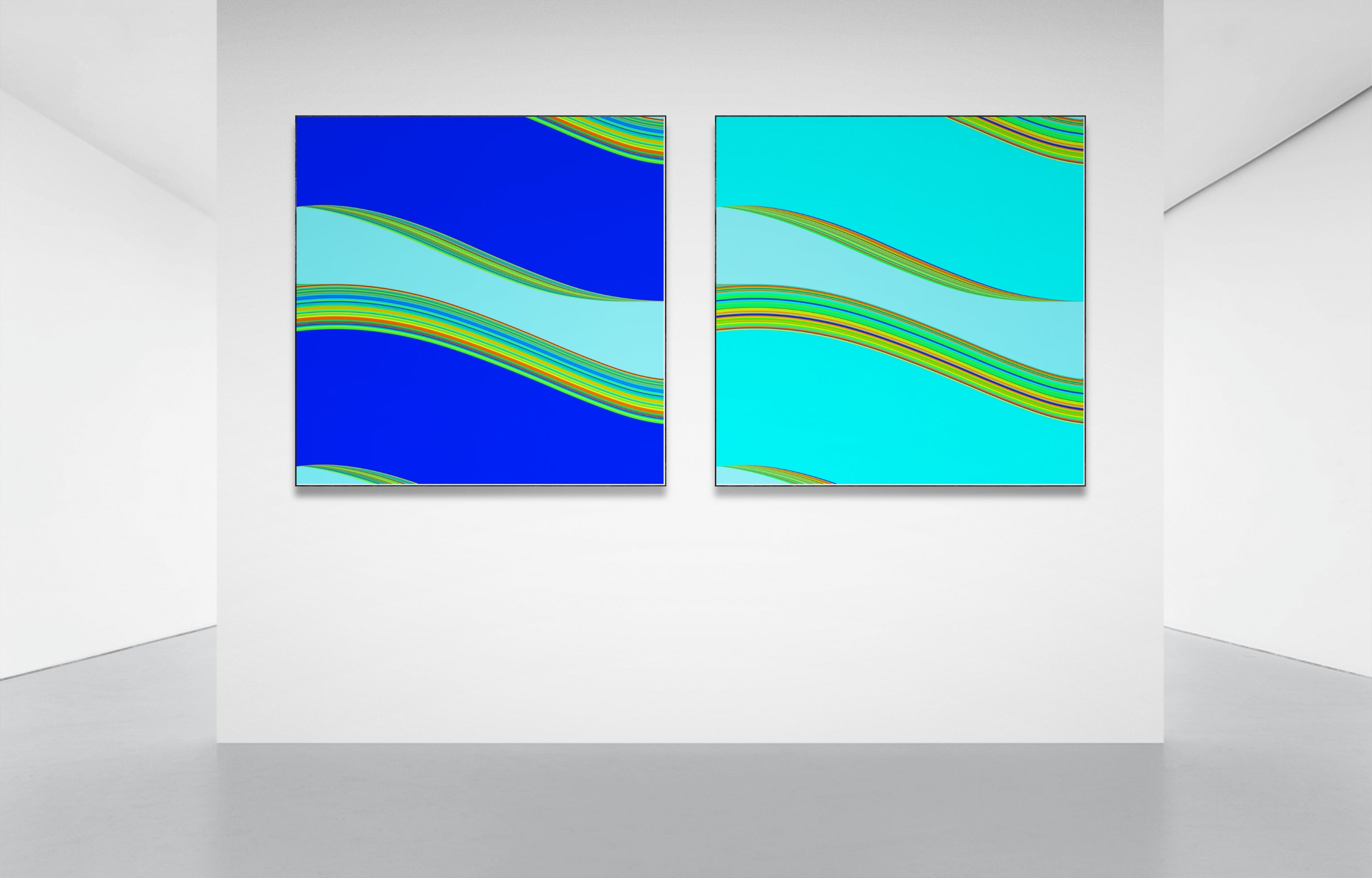 Two abstract generative art prints in blue and green on a white wall.