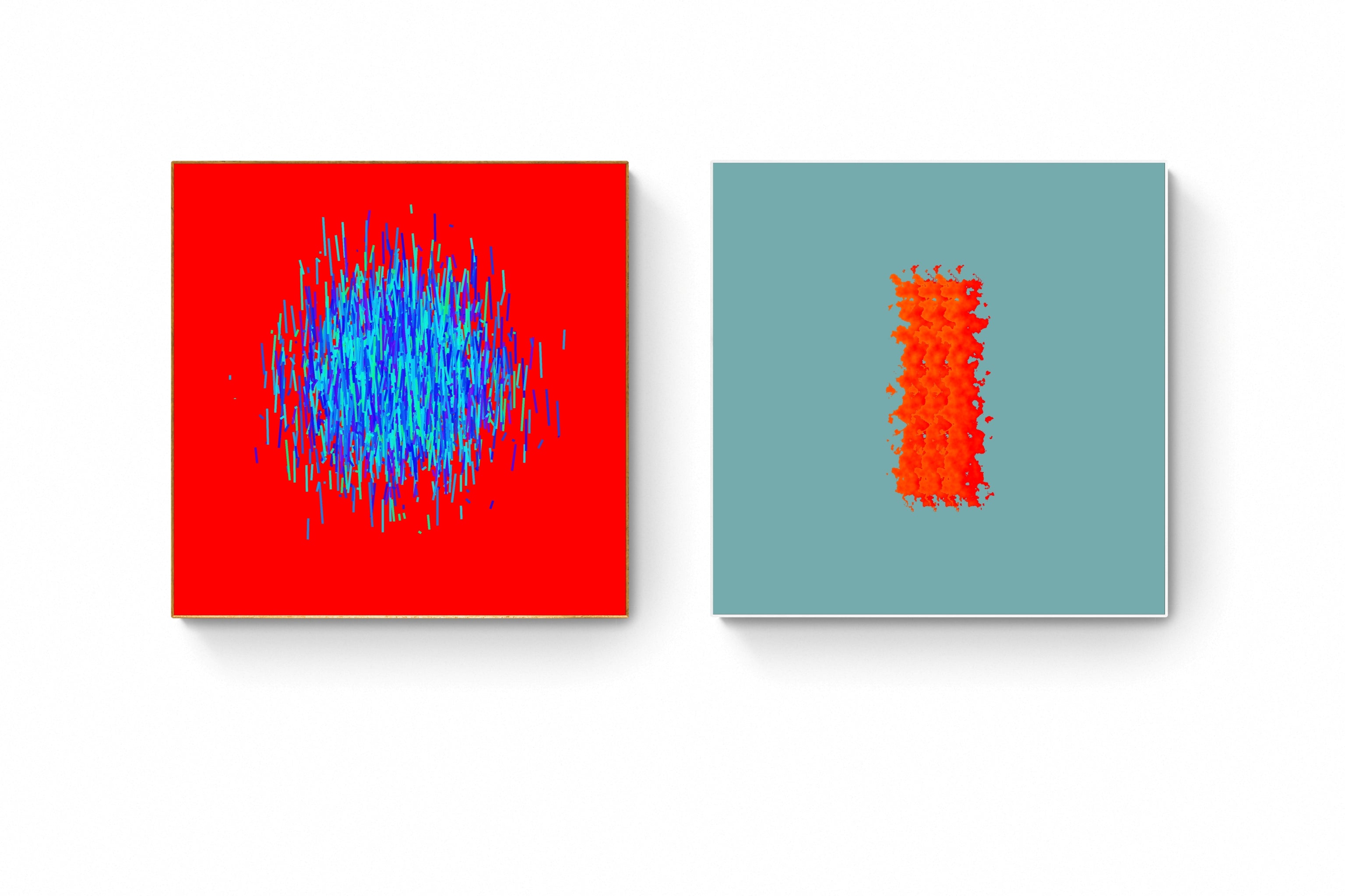 Two abstract art prints, one blue on red and one orange on gray, displayed side by side.
