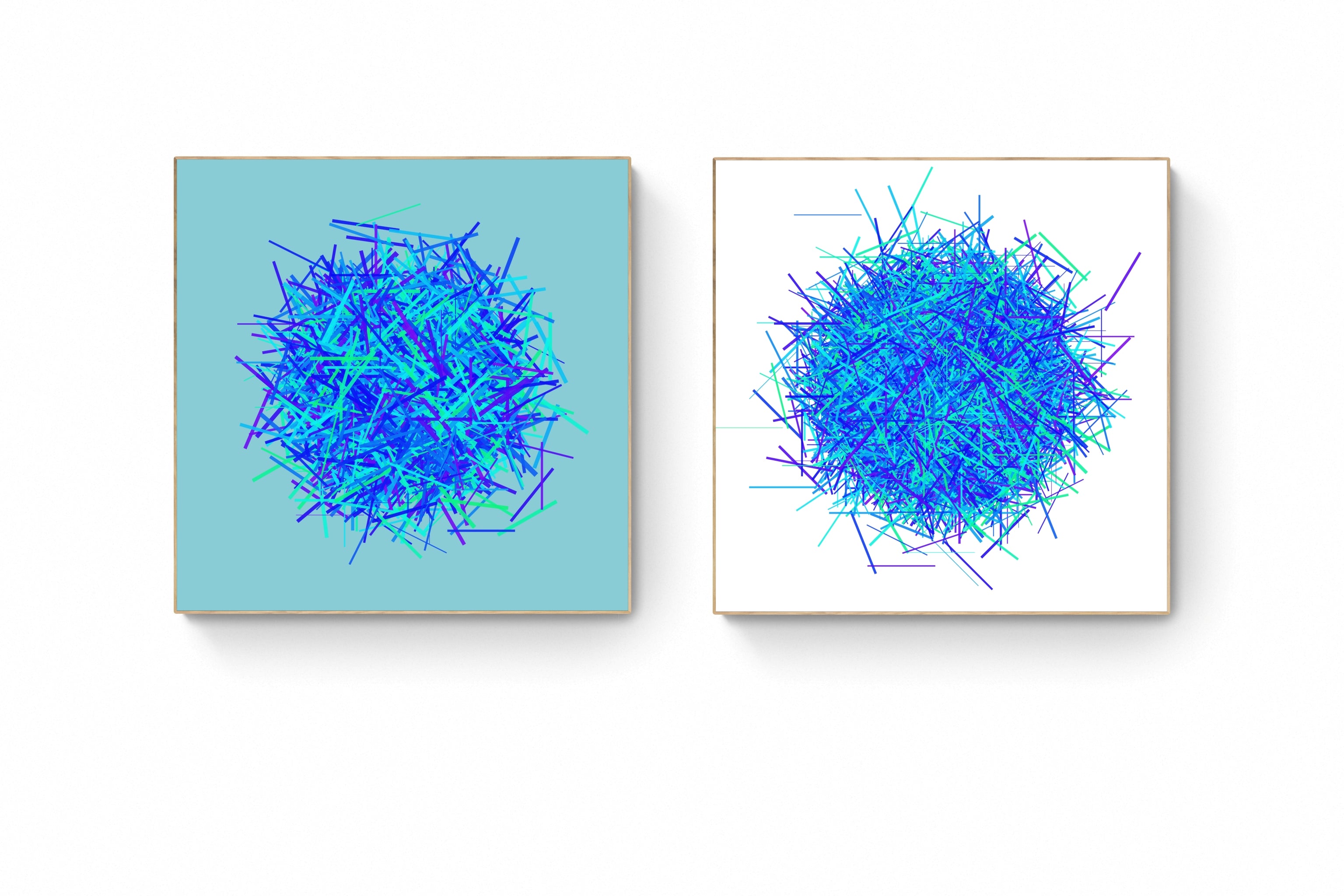 Two abstract blue art prints on a white background