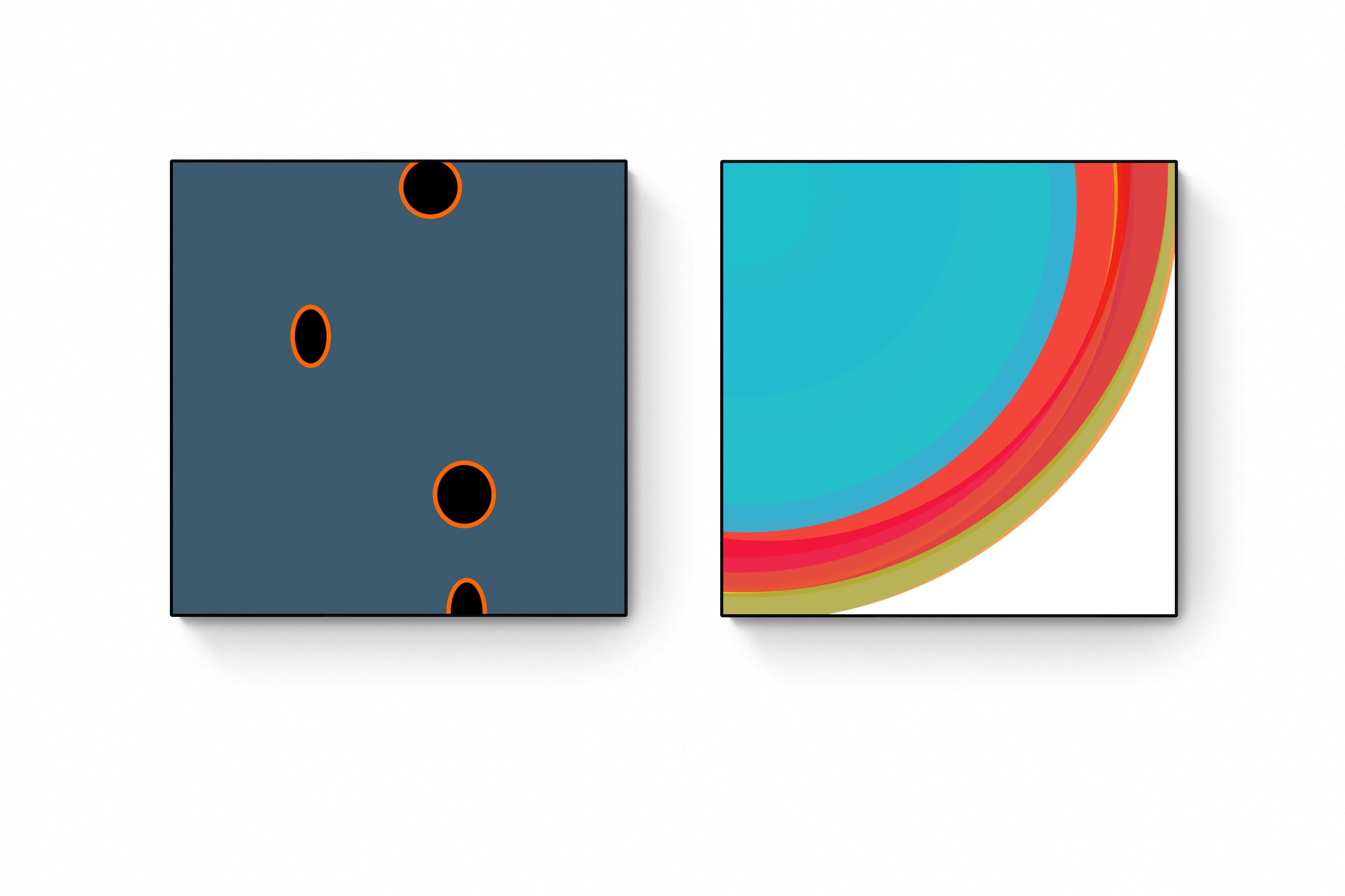 Two abstract art prints of geometric shapes on a white background