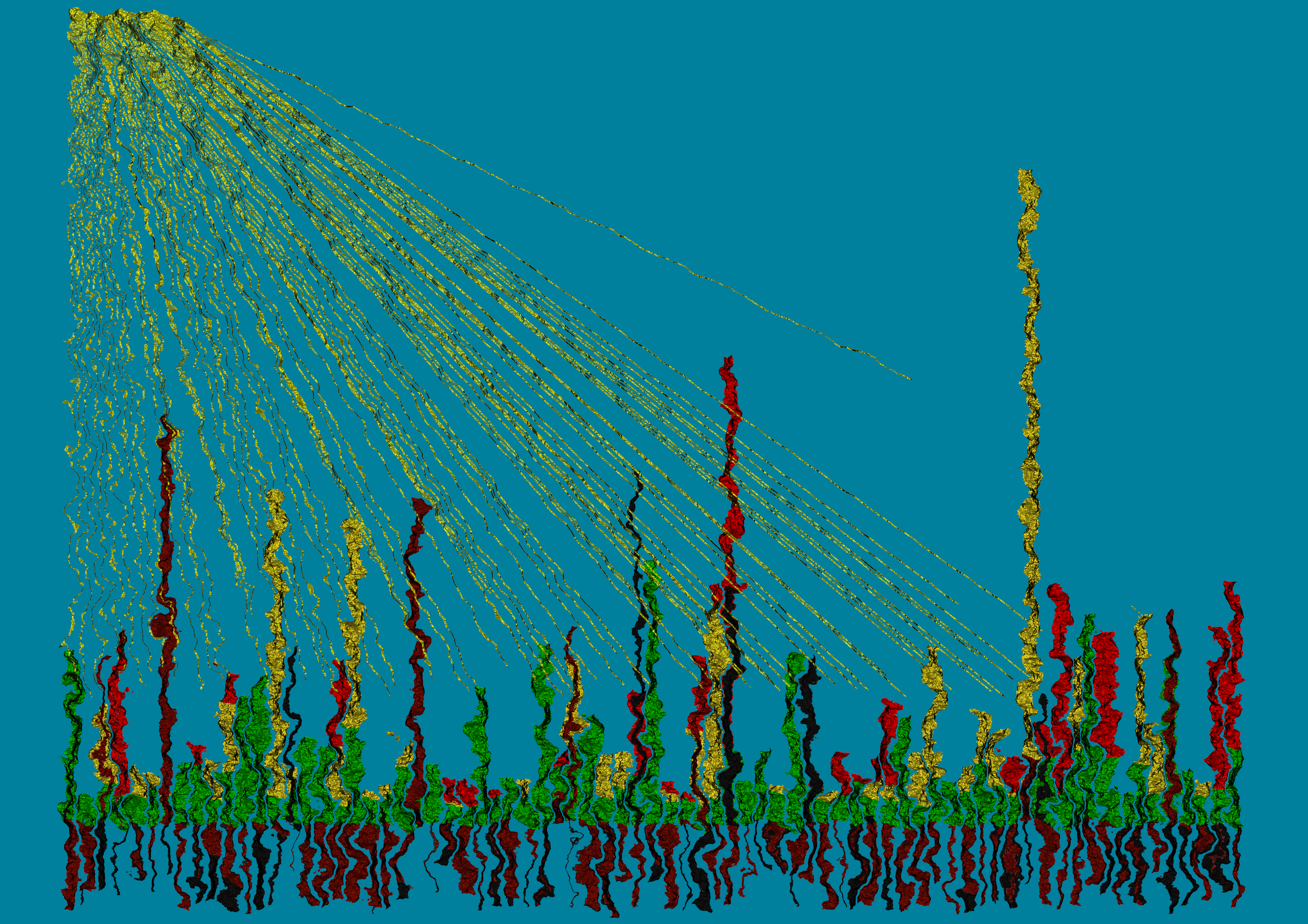 Abstract colourful art print of roots and plants growing in sun rays on a light blue background