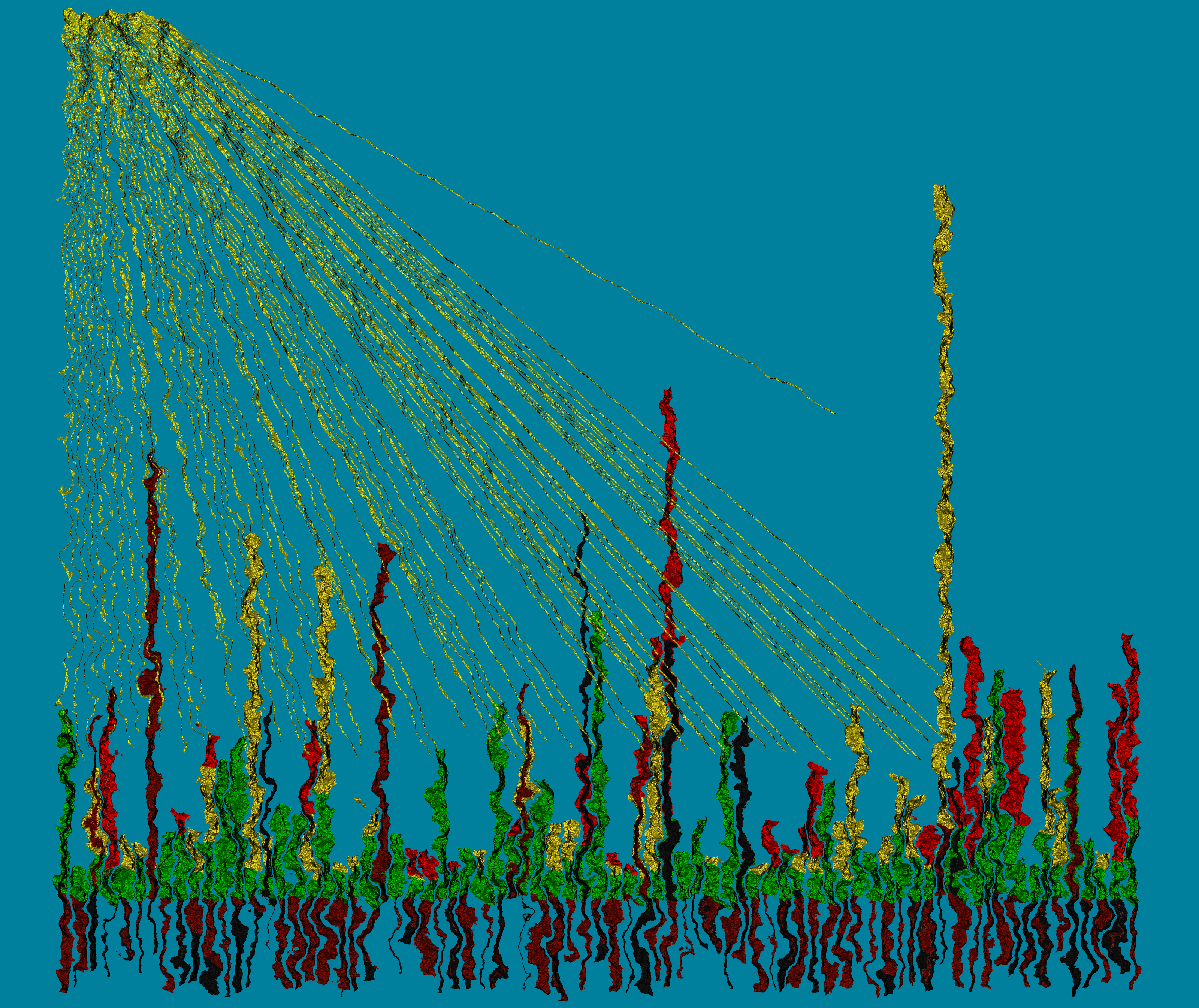 Abstract colourful art print of roots and flowers growing with sun rays on a blue background