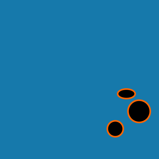 Big Boats art print of three black circles with orange outlines on a blue background 