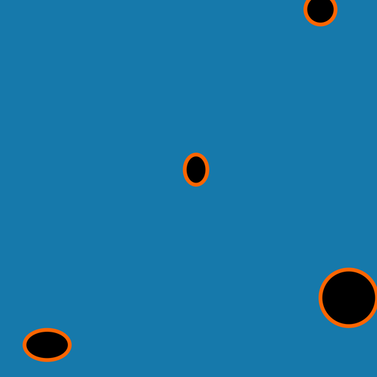 Big Boats art print of black and orange circular shapes on a blue background