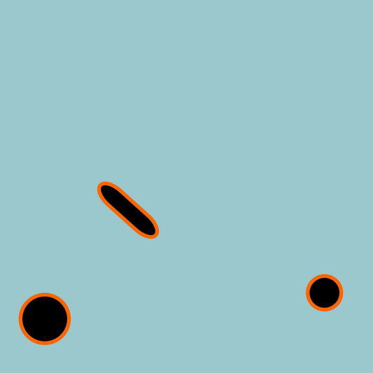 Big Boats art print of three black circle shapes with orange outlines on a light blue background