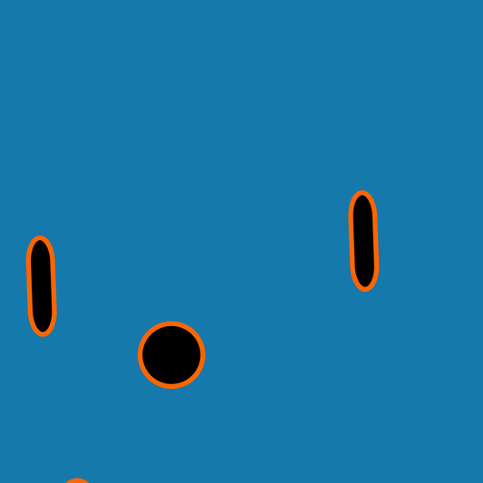 Big Boats art print of three black circle shapes with orange outlines on a blue background.