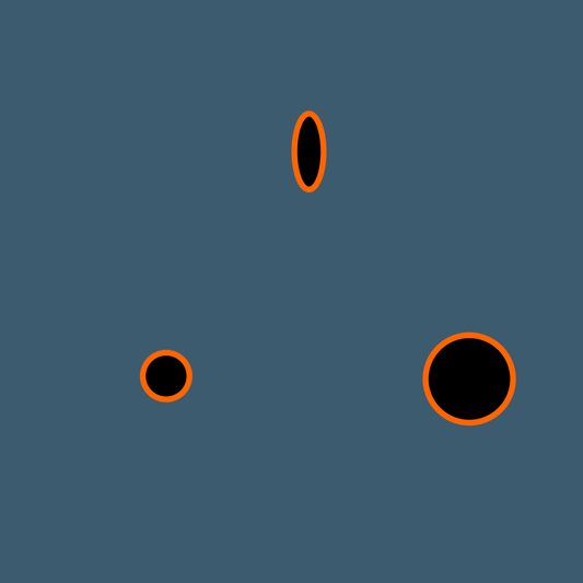Big Boats art print of three black circle shapes with orange outlines on a grey background
