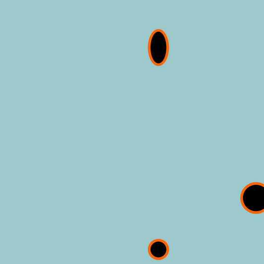 Big Boats art print of three black circle shapes with orange outlines on a light blue background