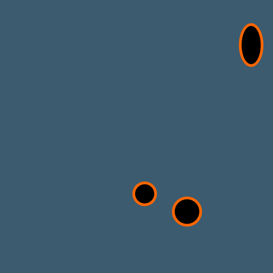 Big Boats art print of three black circle shapes with orange outlines on a dark grey background