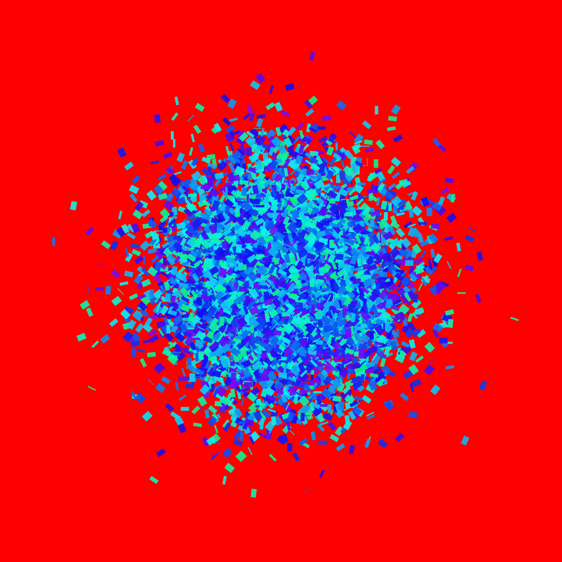 Blue, green, purple confetti like patterned abstract print on a red background