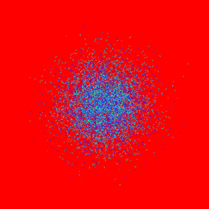 Blue, green, purple confetti like patterned abstract print on a red background
