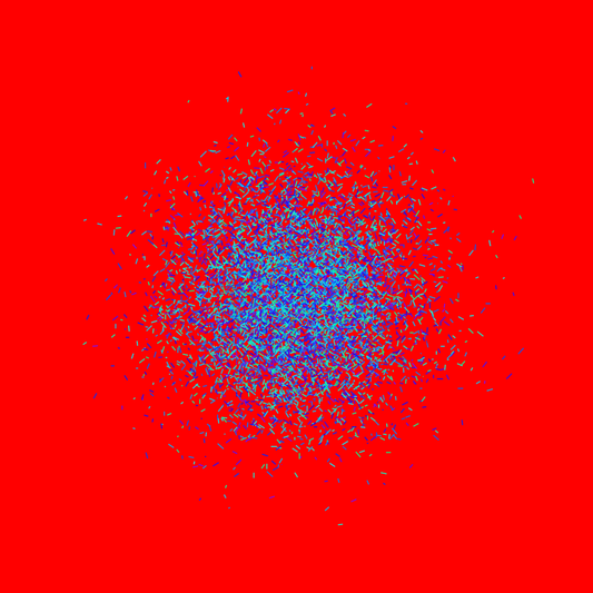 Blue, green, purple confetti like patterned abstract print on a red background