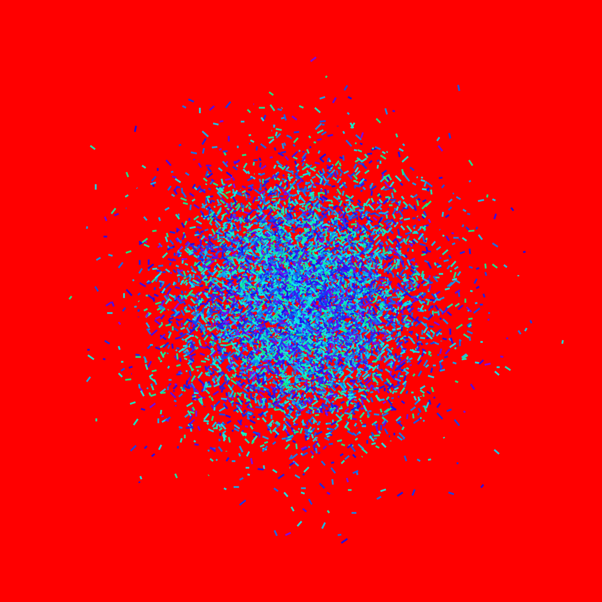 Blue, green, purple confetti like patterned abstract art print on a red background