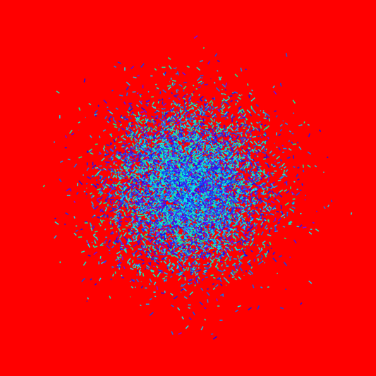 Blue, green, purple confetti like patterned abstract art print on a red background