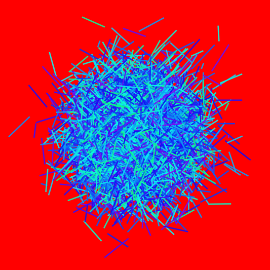 Abstract patterned art print of ball of blue and green lines on a red background