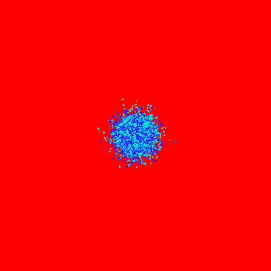 Abstract patterned art print of ball of blue and green fragments on a red background