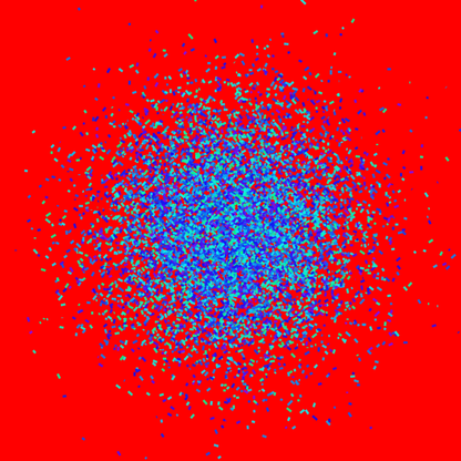Abstract patterned art print of blue and green fragments on a red background