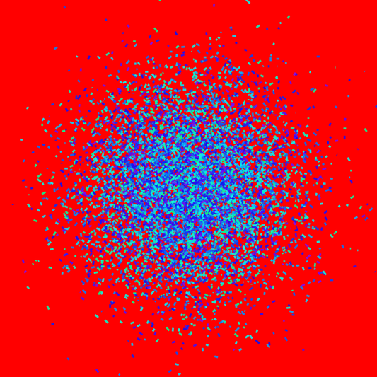 Abstract patterned art print of blue and green fragments on a red background