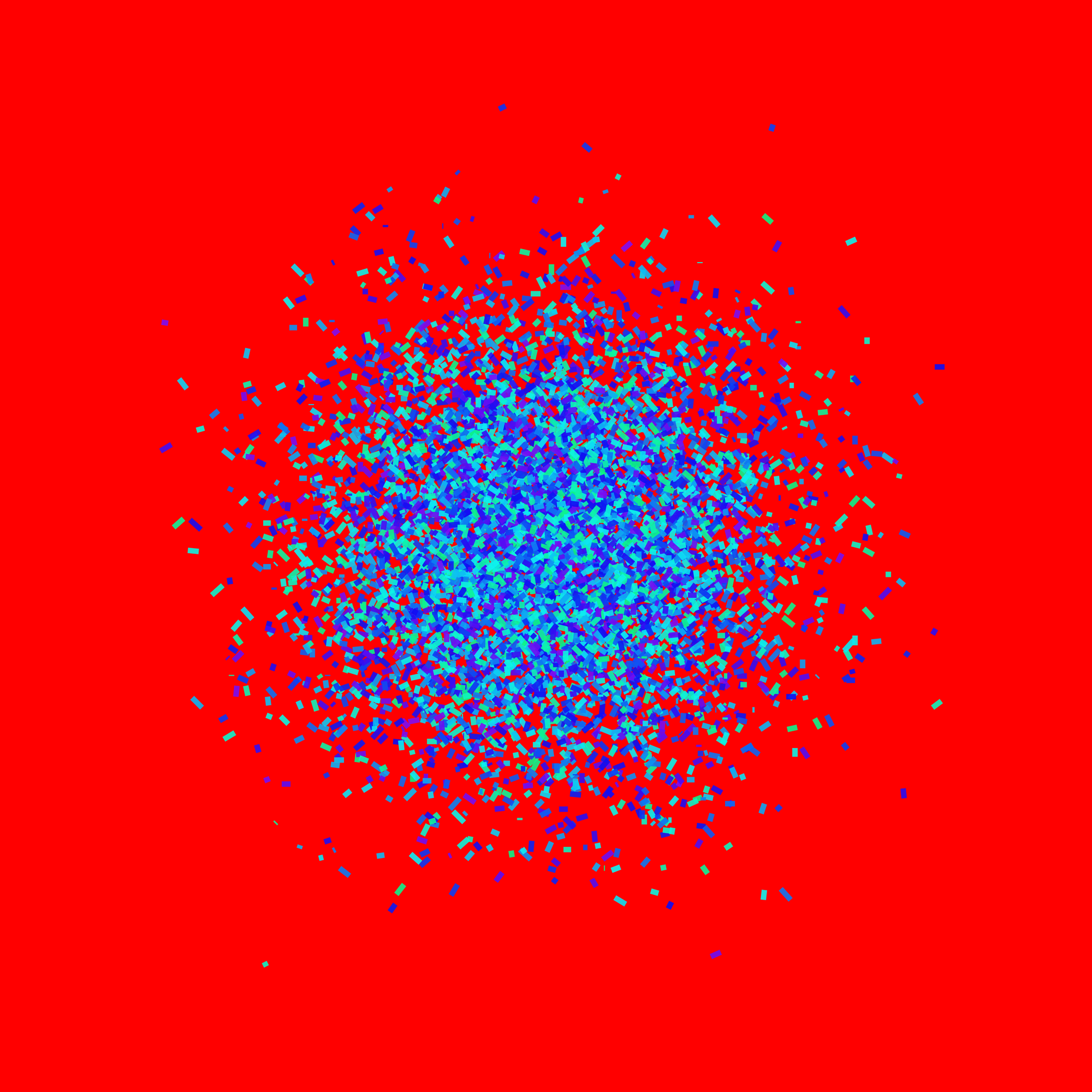 Abstract circle patterned art print of blue and green fragments on a red background