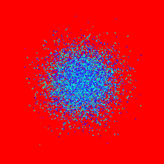 Abstract circle patterned art print of blue and green fragments on a red background