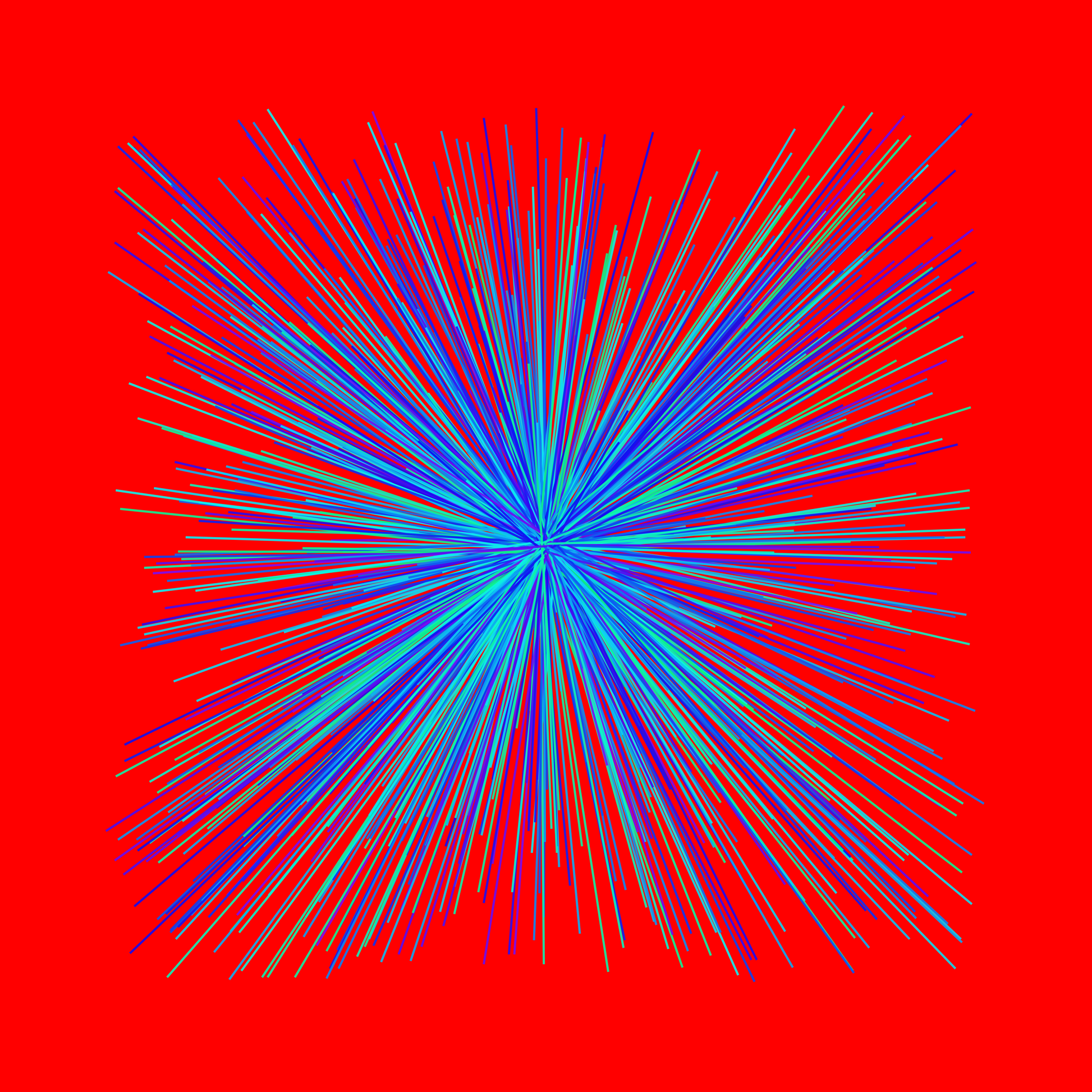 Abstract art print of colorful blue, green radialburst pattern on a red background