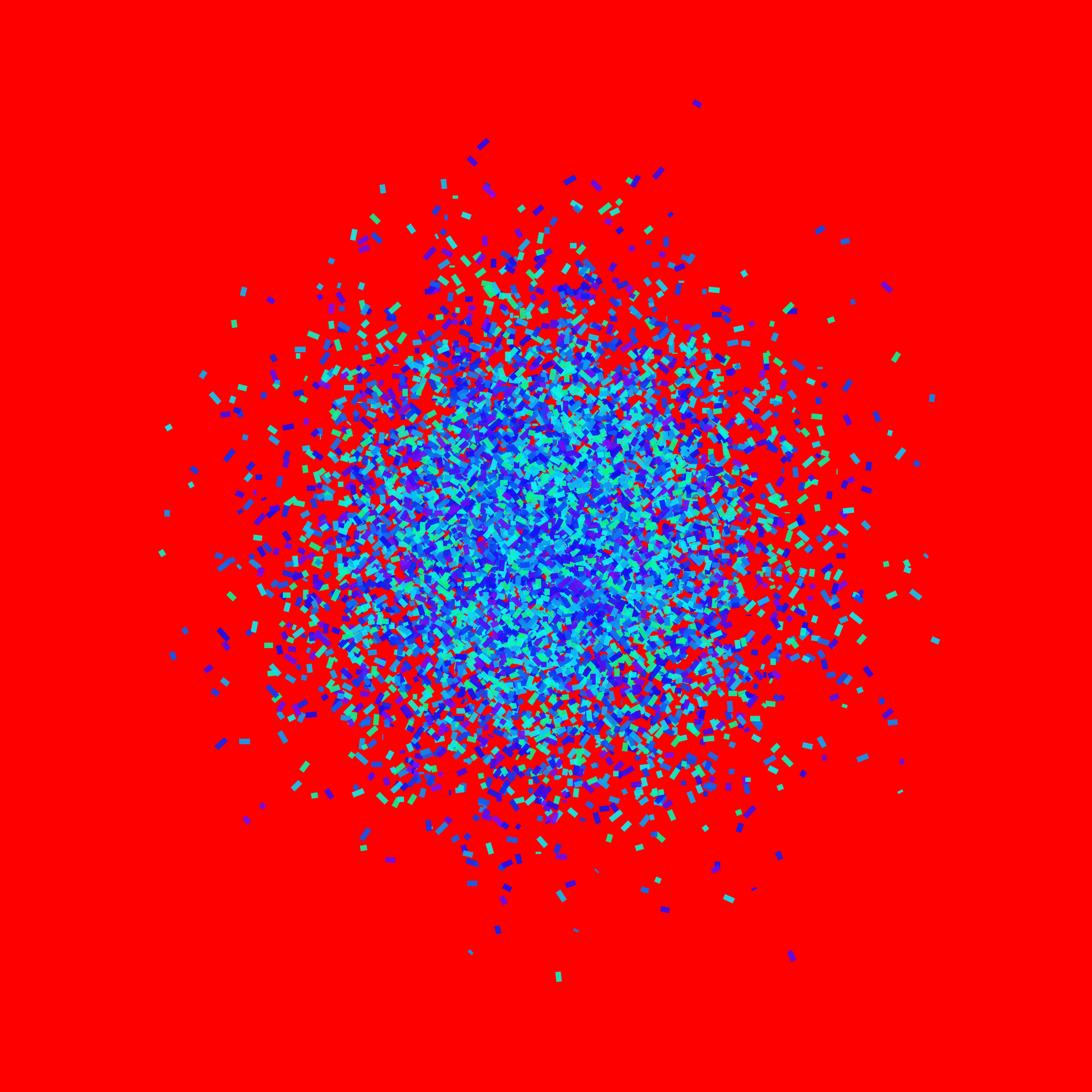 Blue, green, purple confetti like patterned abstract print on a red background