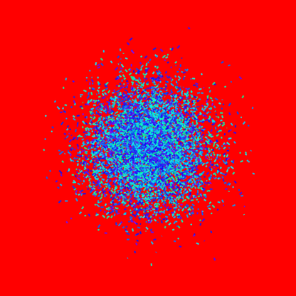 Blue, green, purple confetti like patterned abstract print on a red background