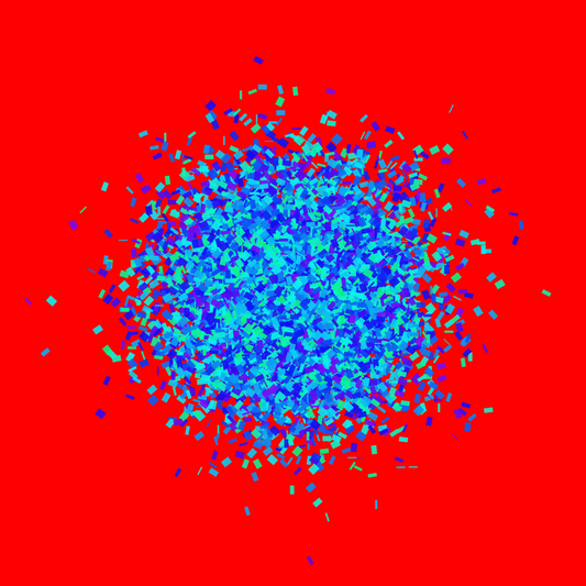 Blue, green, purple confetti like patterned abstract print on a red background