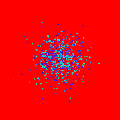 Blue, green, purple confetti like patterned abstract print on a red background 