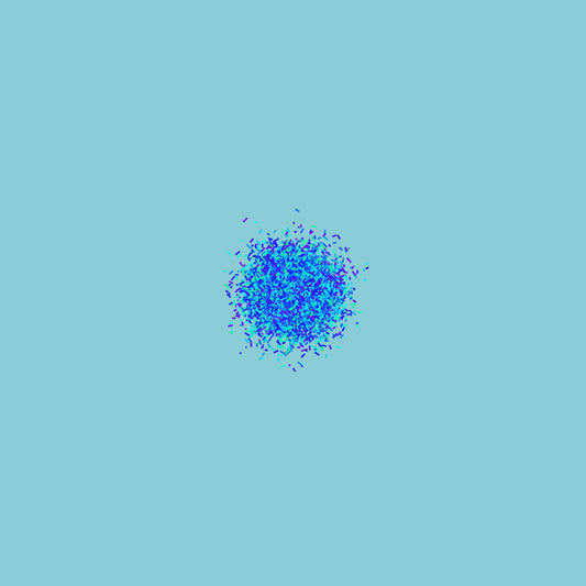 Abstract art print of blue, green and purple confetti like circular pattern on a light blue background