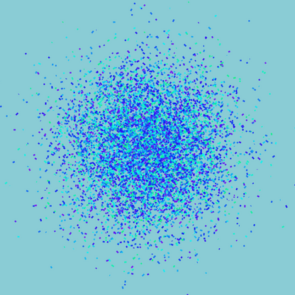 Abstract art print of blue, green and purple confetti like circular pattern on a light blue background