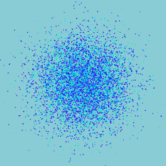 Abstract art print of blue, green and purple confetti like circular pattern on a light blue background