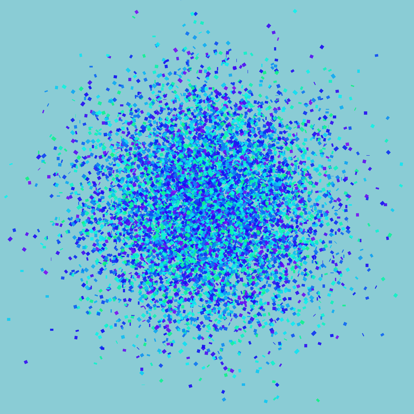 Abstract art print of blue, green and purple confetti like circular pattern on a light blue background