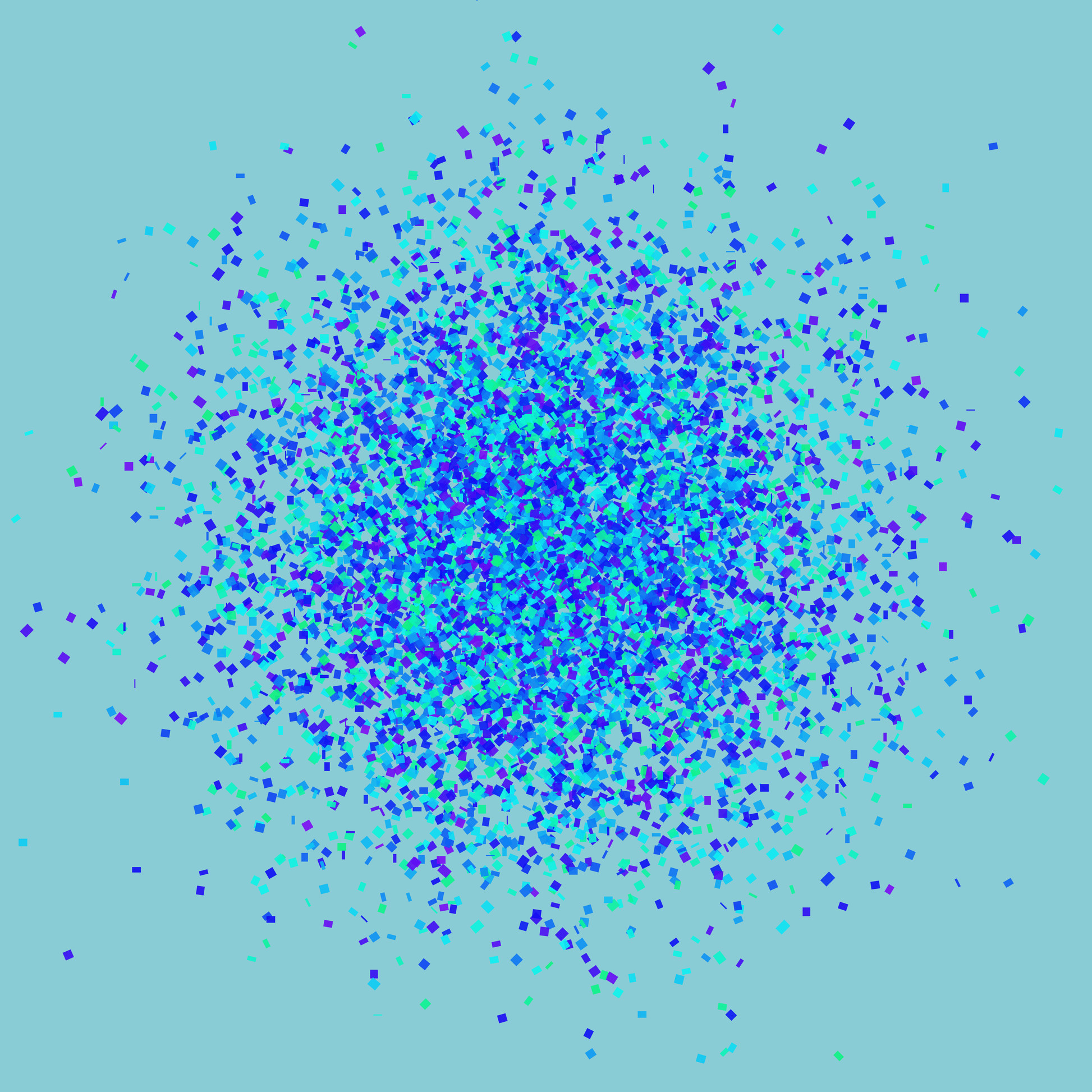 Abstract art print of blue, green and purple confetti like circular pattern on a light blue background