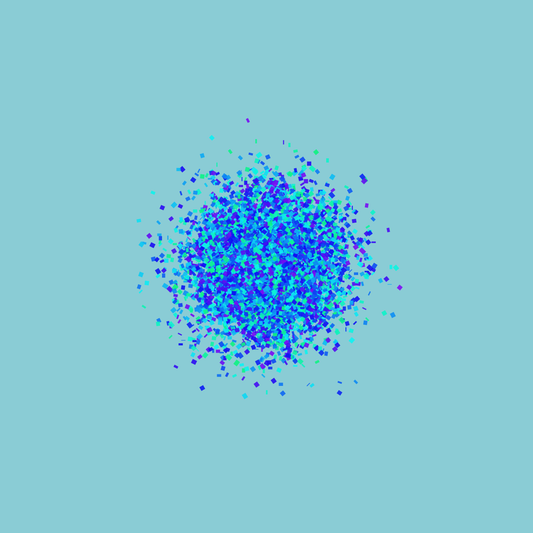 Abstract art print of blue, green and purple confetti like circular pattern on a light blue background