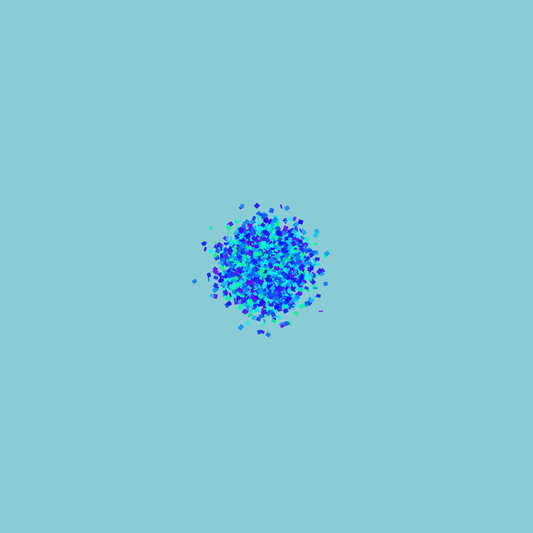 Abstract art print of blue, green and purple confetti like circular pattern on a light blue background