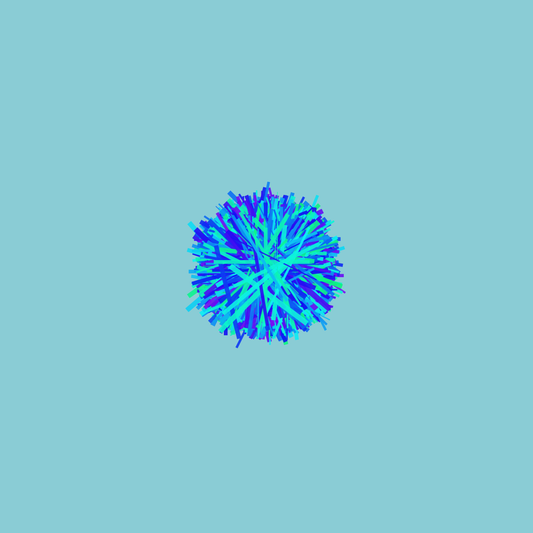 Abstract art print of blue, green and purple lines in a circular pattern on a light blue background