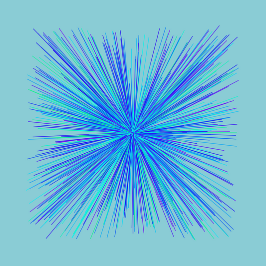 Abstract art print of blue, green and purple lines in a radial burst pattern on a light blue background